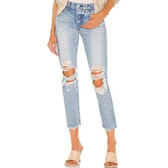 Moussy Howa Distressed Tapered Jeans Medium Wash Blue Mid Waist Ripped Crop 25 - Picture 2 of 14